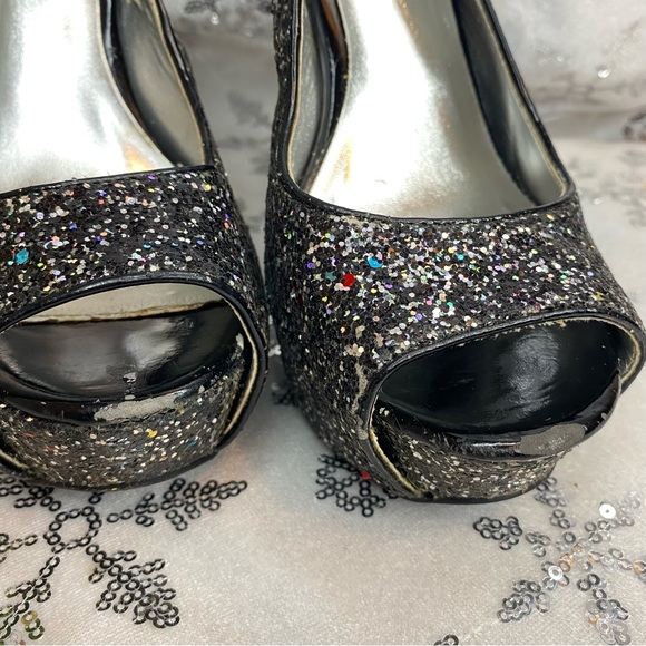 Deb Glitter Black & Silver Peep Toe Platform Heels Ankle Strap Sandals Sz 8 - Picture 5 of 14